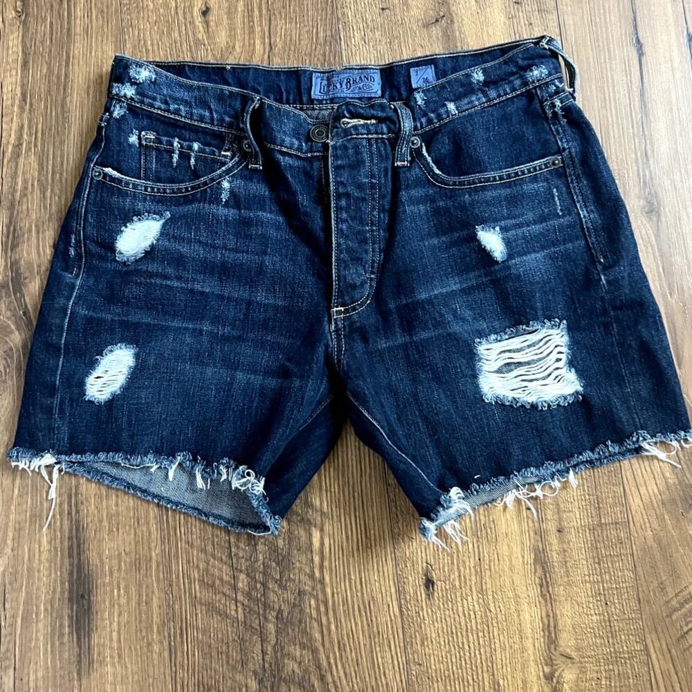 Lucky Brand Jean Shorts Women’s 2/26 Boyfriend Distressed Dark Wash Button UP